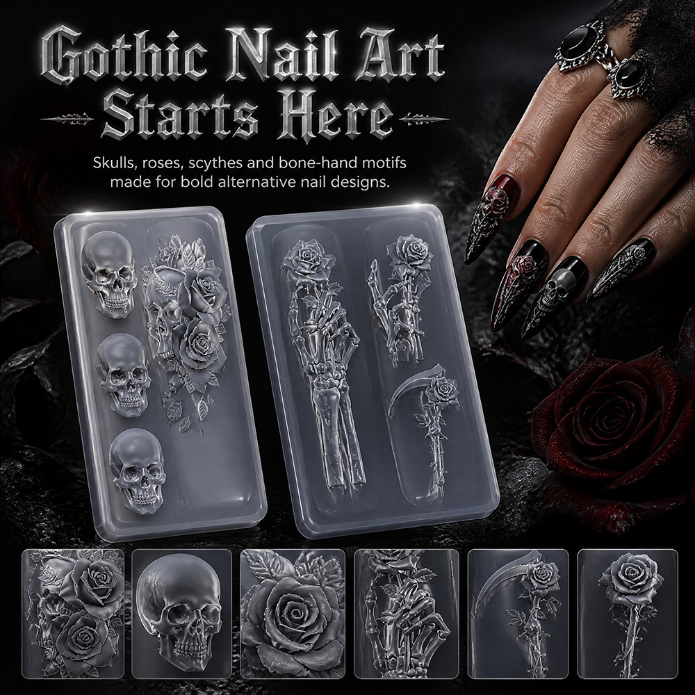 Resin Art Template - 2-delige set donkerroze schedel siliconen nagelkunstmal
