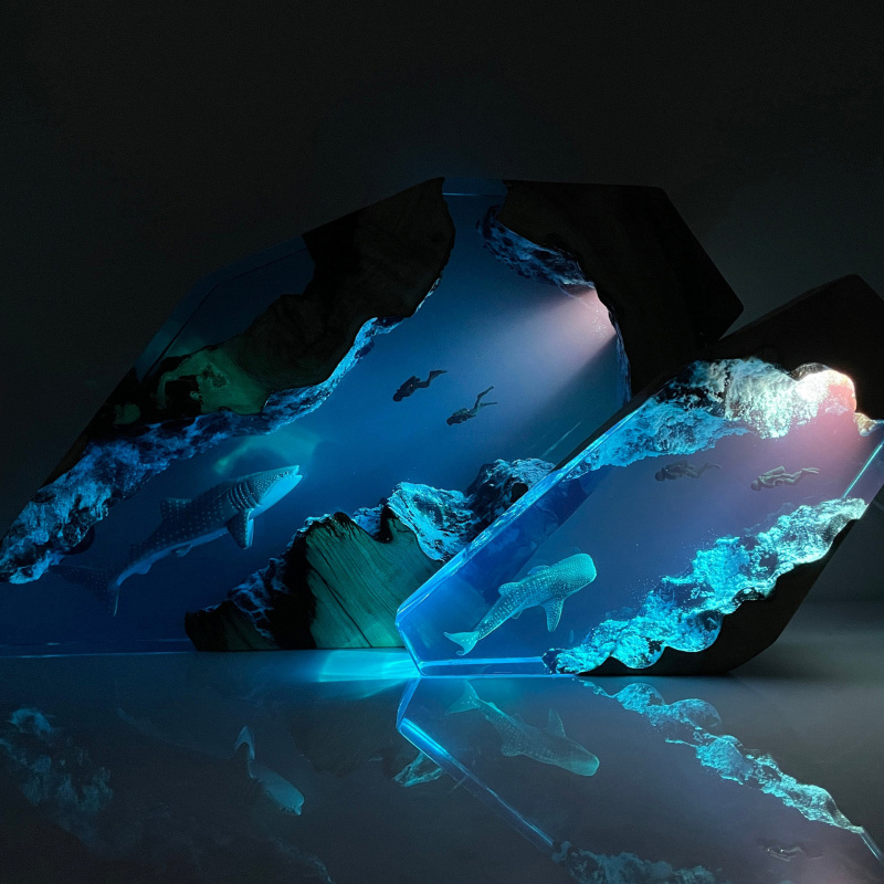 Resin Art With Wood - Miniatuur Walvishaai Duiker Harslamp Epoxyhars Houten