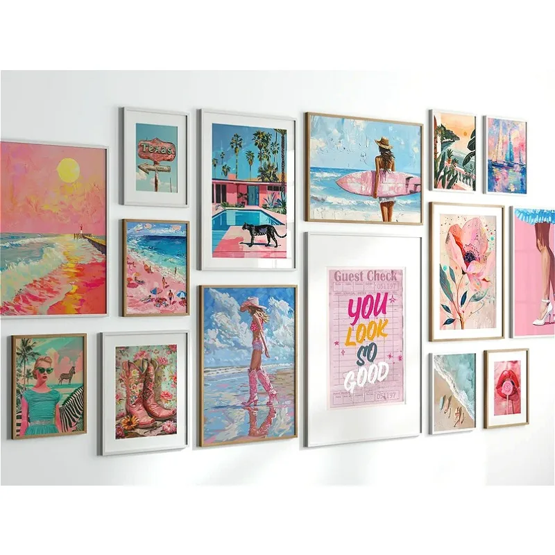 Resin Art Gallery - Trendy avant-garde roze zomerse kuststrandposter, cowgirl-esthetiek,